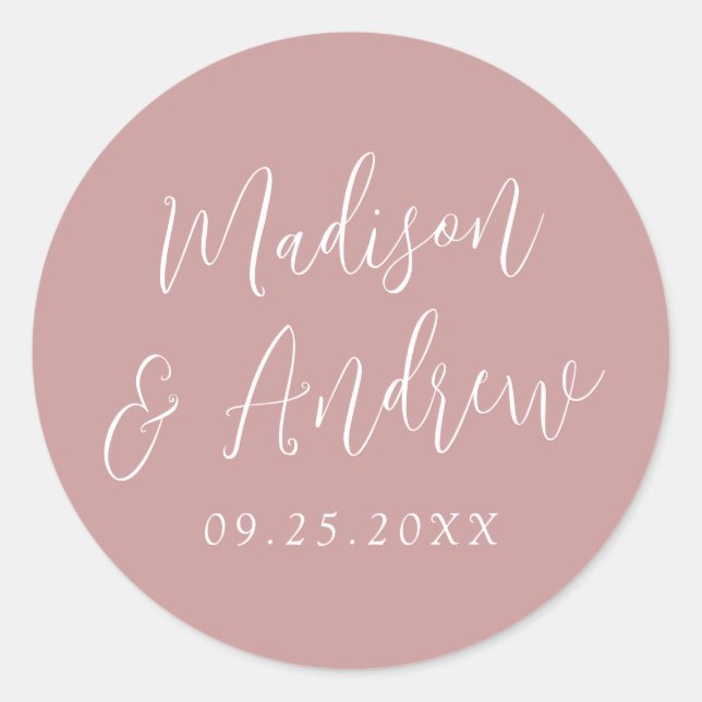 Simple Script Personalised Dusty Rose Wedding Classic Round Sticker (Front)