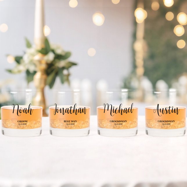 Simple Script Personalised Groomsmen Wedding Party Whiskey Glass (Set of 4 Whiskey Glasses. All text can be changed to fit your needs!)
