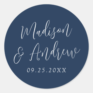 Simple Script Personalised Navy Wedding Classic Round Sticker