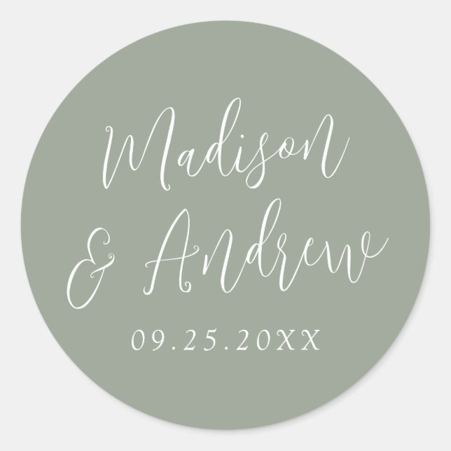Simple Script Personalised Sage Green Wedding Classic Round Sticker (Front)