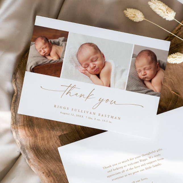 Simple Script Photo Collage Baby Thank You Card (Elegant modern script 3 photo collage baby thank you announcement card.)