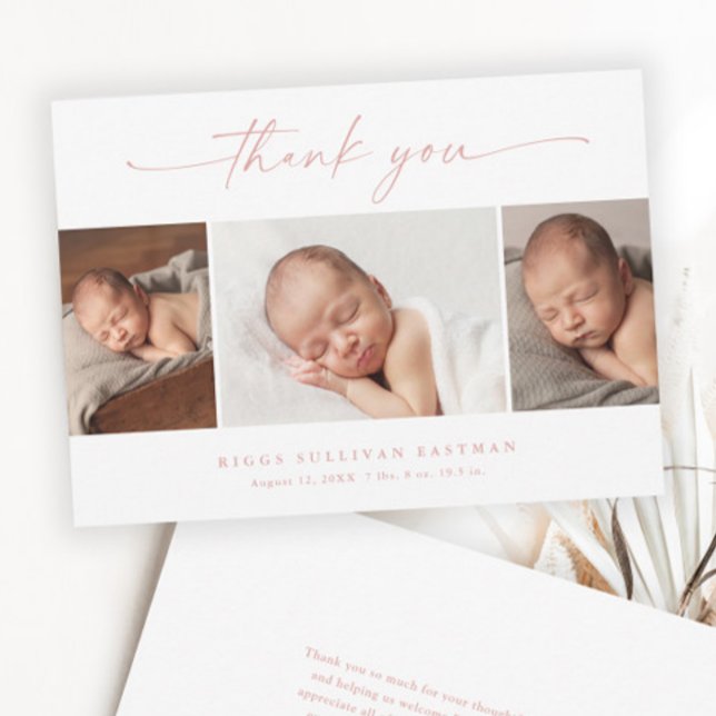 Simple Script Photo Collage Baby Thank You Card (Elegant Dusty Pink Script 3 Photo Collage Baby Thank You Cards.)