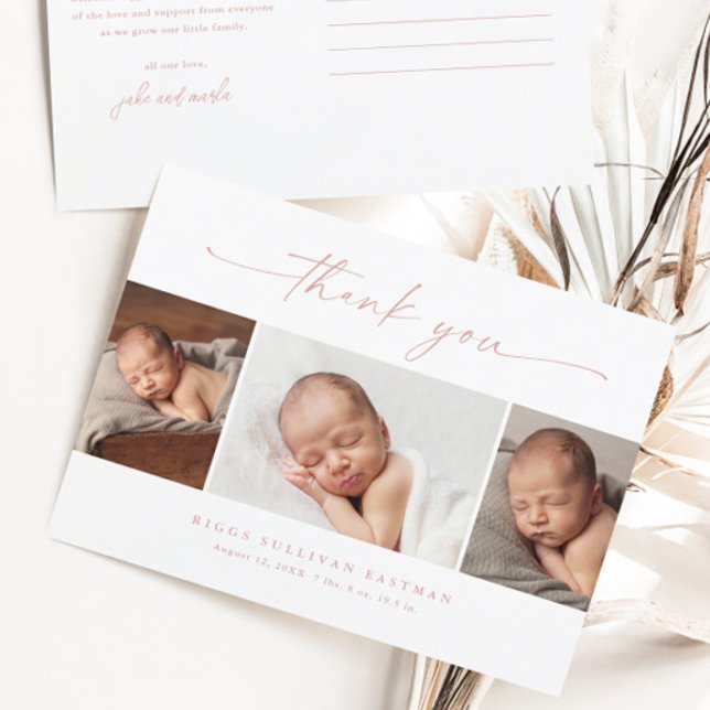 Simple Script Photo Collage Baby Thank You  Postcard (Dusty pink script 3 girls photo baby thank you cards.)