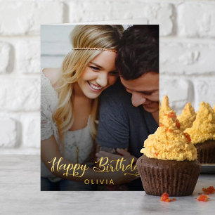 Simple Script Photo Happy Birthday Real Foil Greeting Card