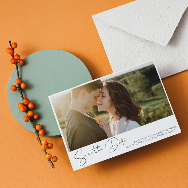 Simple Script Photo QR Code Photo Save the Date Invitation (Save the Date for our wedding!  #LoveBegins)