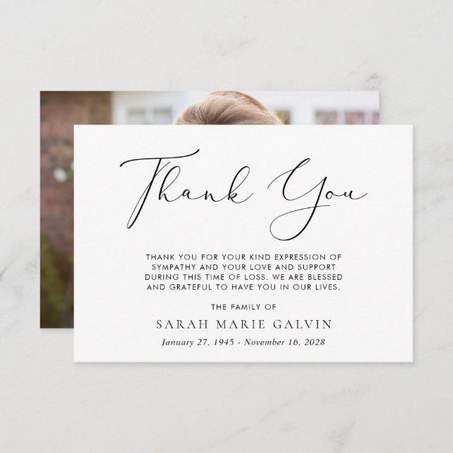 Simple Script Photo Sympathy Funeral Thank You Card (Front/Back)
