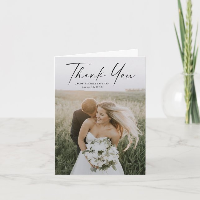 Simple Script Photo Wedding Thank You Card (Front)