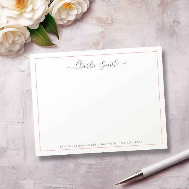 Simple script pink border personalised stationery card (Simple script pink border personalized stationery note card)
