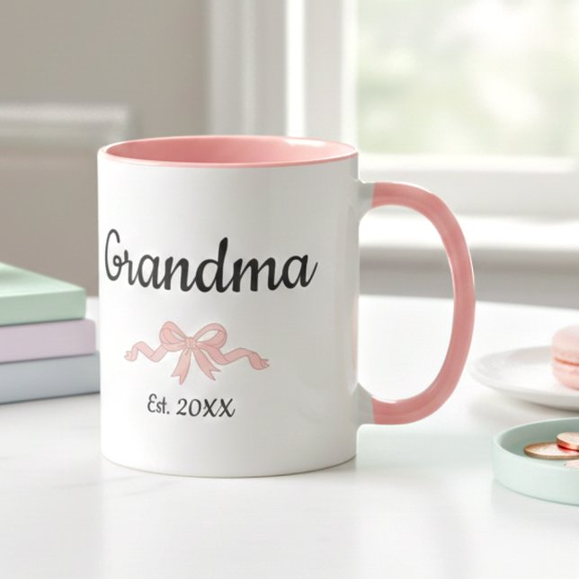 Simple Script Pink Girl Bow Grandma Est. Year Mug (Creator Uploaded)