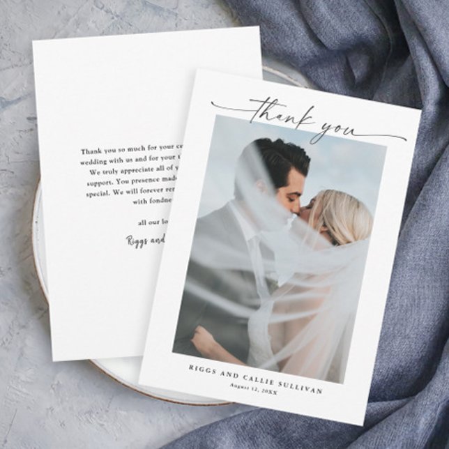 Simple Script Portrait Photo Wedding  Thank You Card (Elegant script black and white modern wedding photo thank you card.)