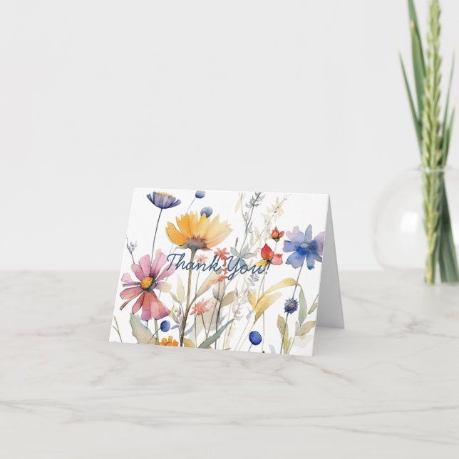 Simple Script Pretty Boho Wildflowers Thank You Card (Front)