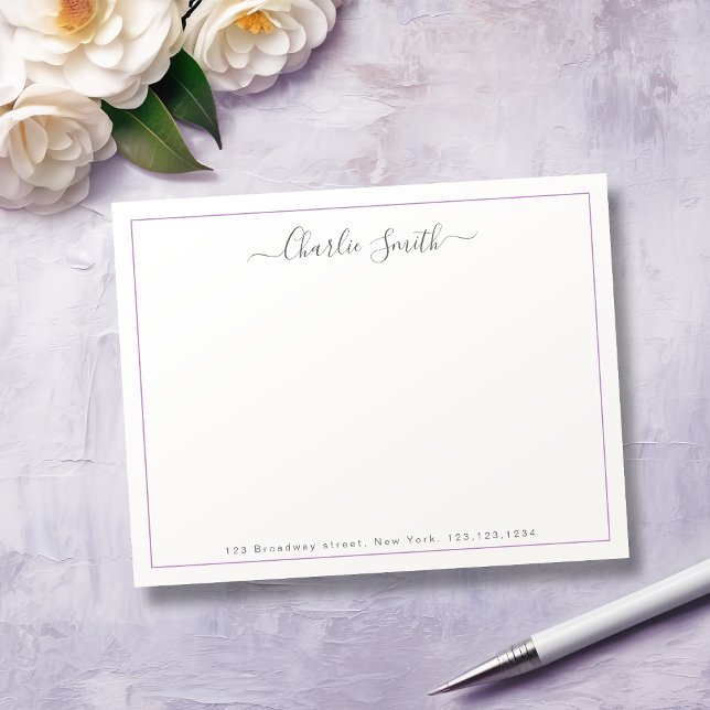 Simple script purple border personalised card (Simple script purple border personalized note card)