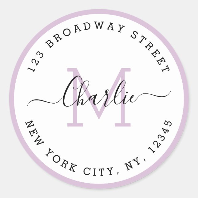 Simple script purple monogram return address classic round sticker (Front)