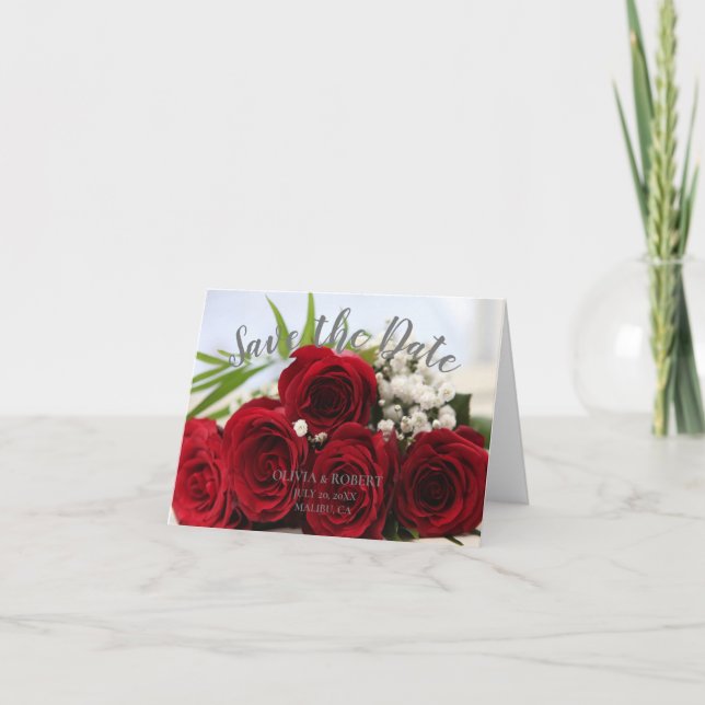 Simple script – red roses Save the Date Card (Front)