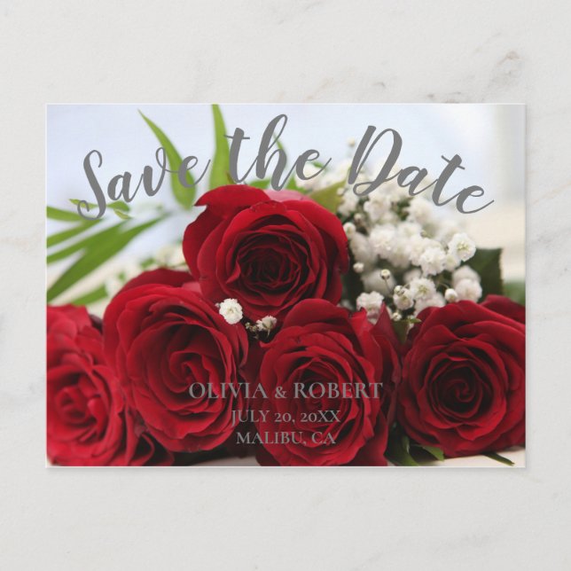 Simple script – red roses Save the Date Postcard (Front)