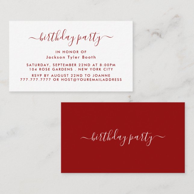 Simple Script - Red & White Birthday Party Ticket (Front/Back)