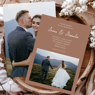 Simple Script Rich Brown Two Photo Wedding Invitation