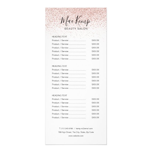 Simple Script Rose Gold Glitter Salon Service Menu (Front)