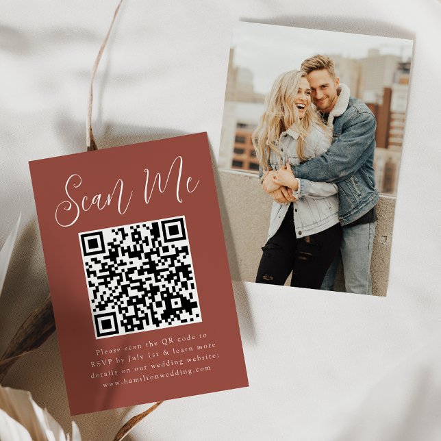 Simple Script Rust Photo QR Code Wedding RSVP Enclosure Card (Creator Uploaded)