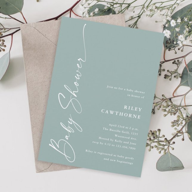 Simple Script Sage Gender Neutral Baby Shower Invitation (Simple script sage green gender neutral  boho baby shower invitation.)