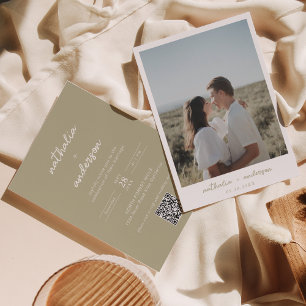 Simple Script Sage Green Photo QR Code Wedding Invitation
