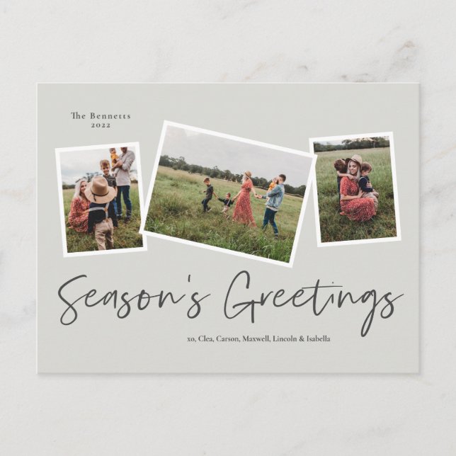 Simple Script  Season's Greetings 3 Photo Holiday Postcard (Front)
