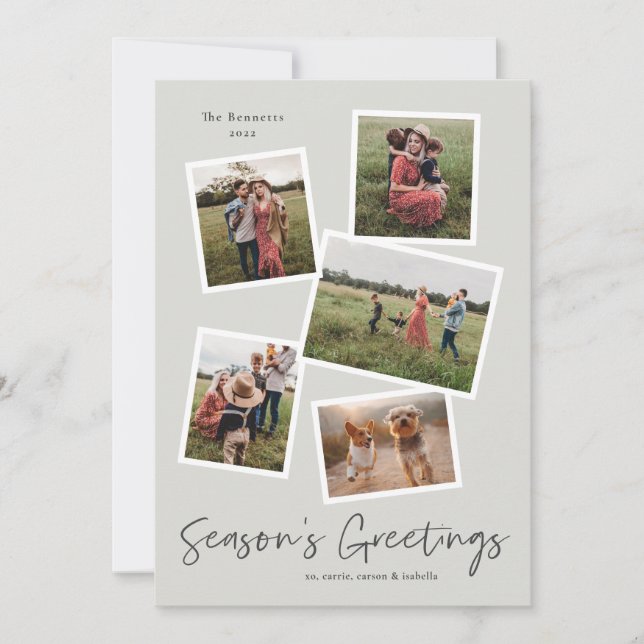Simple Script Season's Greetings 5 Photo Collage Holiday Card (Front)