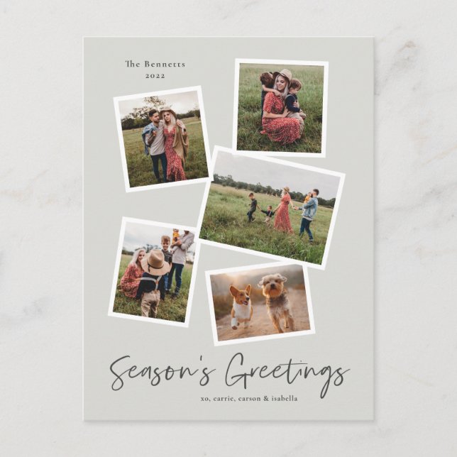 Simple Script Season's Greetings 5 Photo Collage Holiday Postcard (Front)
