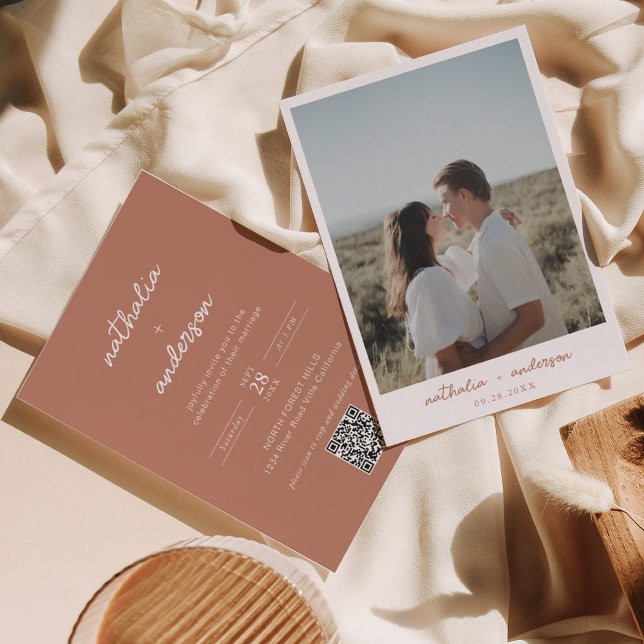 Simple Script Terracotta Photo QR Code Wedding Invitation (Creator Uploaded)