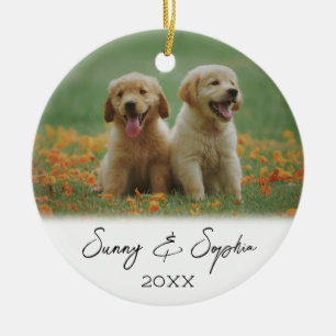 Simple Script Two Puppy Dog Photo Ceramic Tree Decoration