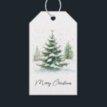 Simple Script Watercolor Christmas Tree Favour Tag<br><div class="desc">Cute Christmas favour tags for Christmas favours with simple script family name and a watercolor vintage Christmas tree with snow.</div>