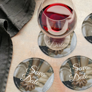 Simple script wedding photo save the date elegant round paper coaster