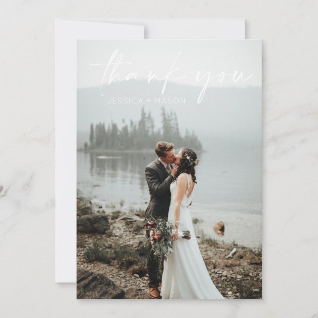 Simple Script Wedding Photo Thank You Card (Front)