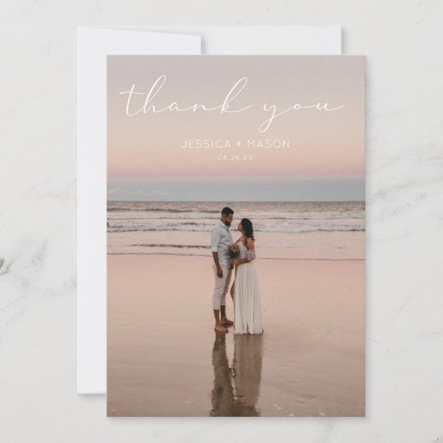 Simple Script Wedding Photo Thank You Card (Front)