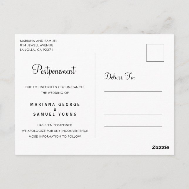 Simple Script Wedding Postponement Announcement Postcard (Back)