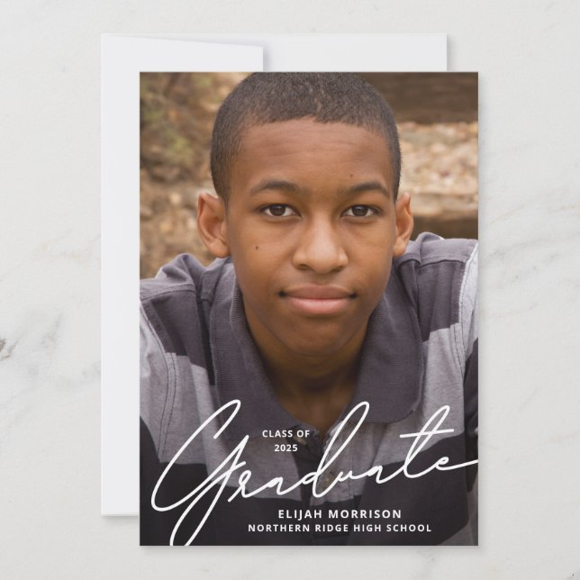 Simple Script White Overlay Photo Graduation Party Invitation (Front)