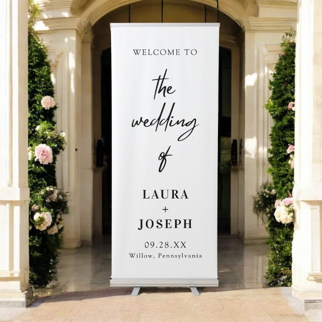 Simple Script White Wedding Welcome Retractable Banner (Simple script white banner creates a soft, elegant welcome for your wedding entrance)