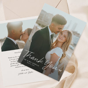 Simple Script with Bow Photo Wedding Thank You Card