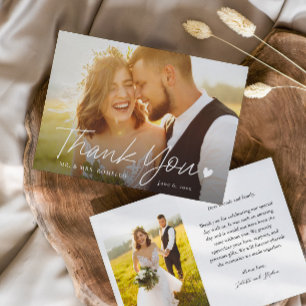Simple Script with Heart Photo Wedding Thank You Card
