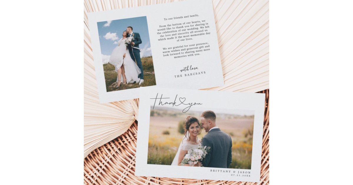 Simple Script with Heart Wedding Photo Thank You Card | Zazzle