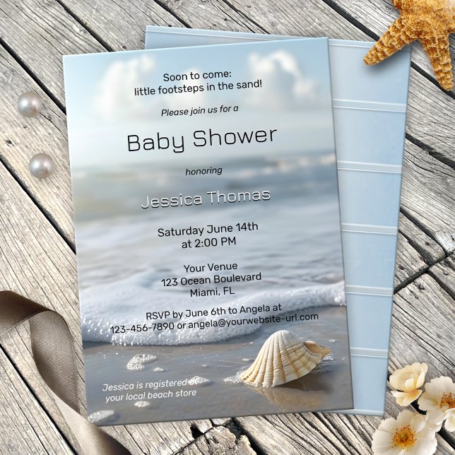 Simple Seashell Beach Baby Shower  Invitation (A simple and elegant beach baby shower invitation featuring a shell with waves rolling on the sand)
