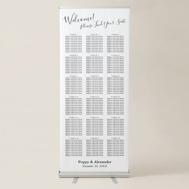 Simple Seating Chart with 180 Guest Names Retractable Banner (Front)