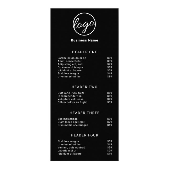 Simple Service Menu Logo Black Price List (Front)