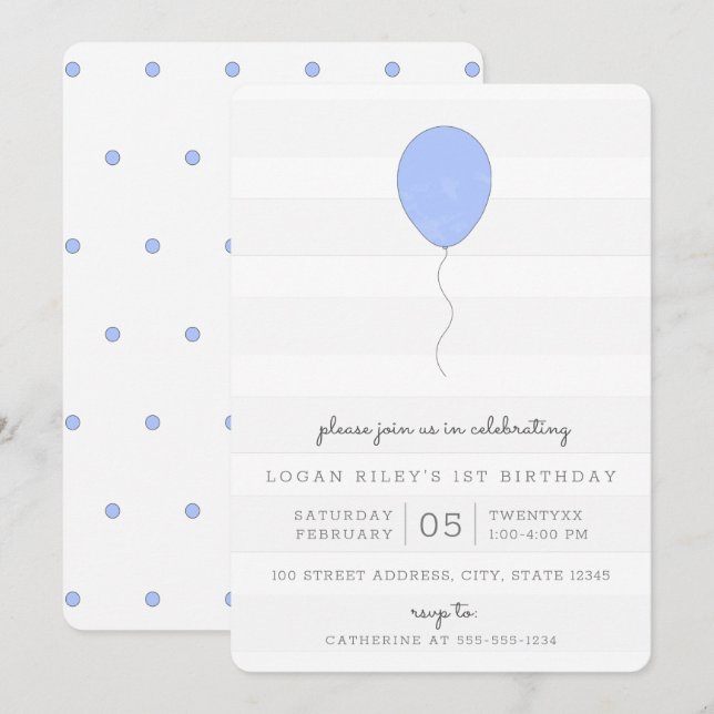 Simple Shabby Chic Blue and Grey Balloon Birthday Invitation (Front/Back)