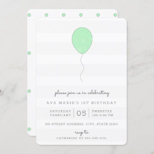 Simple Shabby Chic Green and Grey Balloon Birthday Invitation
