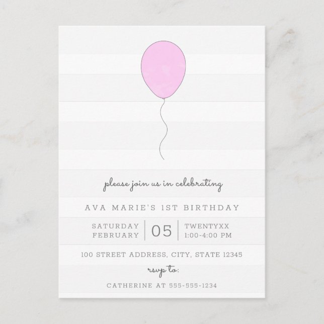 Simple Shabby Chic Grey & Purple Balloon Birthday Postcard (Front)