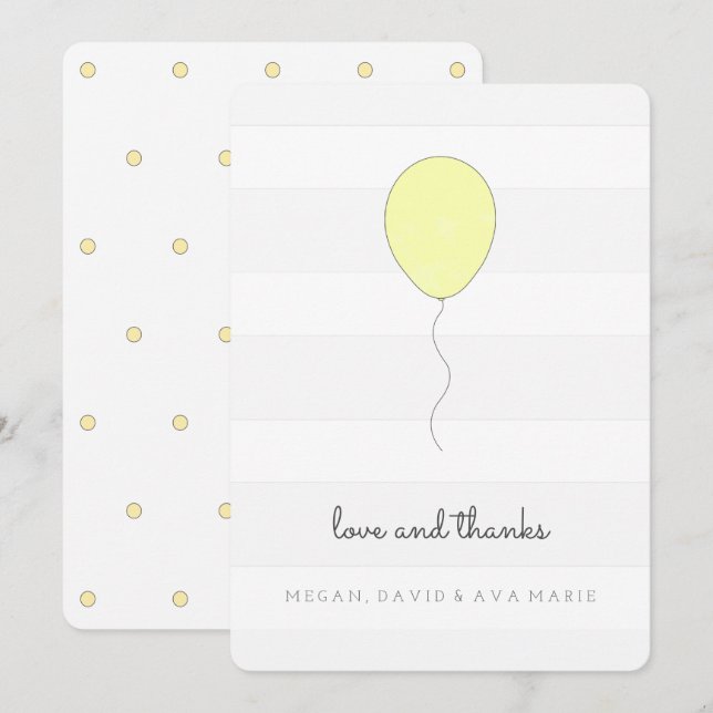 Simple Shabby Chic Grey & Yellow Balloon Birthday Thank You Card (Front/Back)