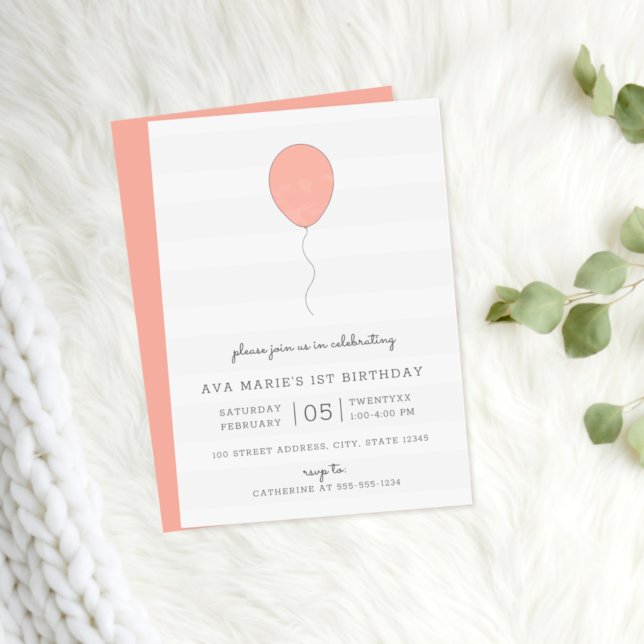Simple Shabby Chic Pink and Grey Balloon Birthday Invitation (Creator Uploaded)