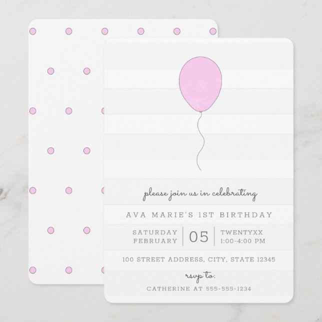 Simple Shabby Chic Purple Balloon Birthday Invitation (Front/Back)