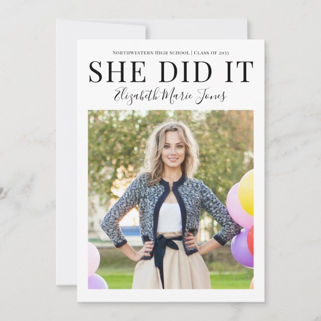 Simple SHE DID IT Graduate Modern Photo Graduation Announcement (Front)